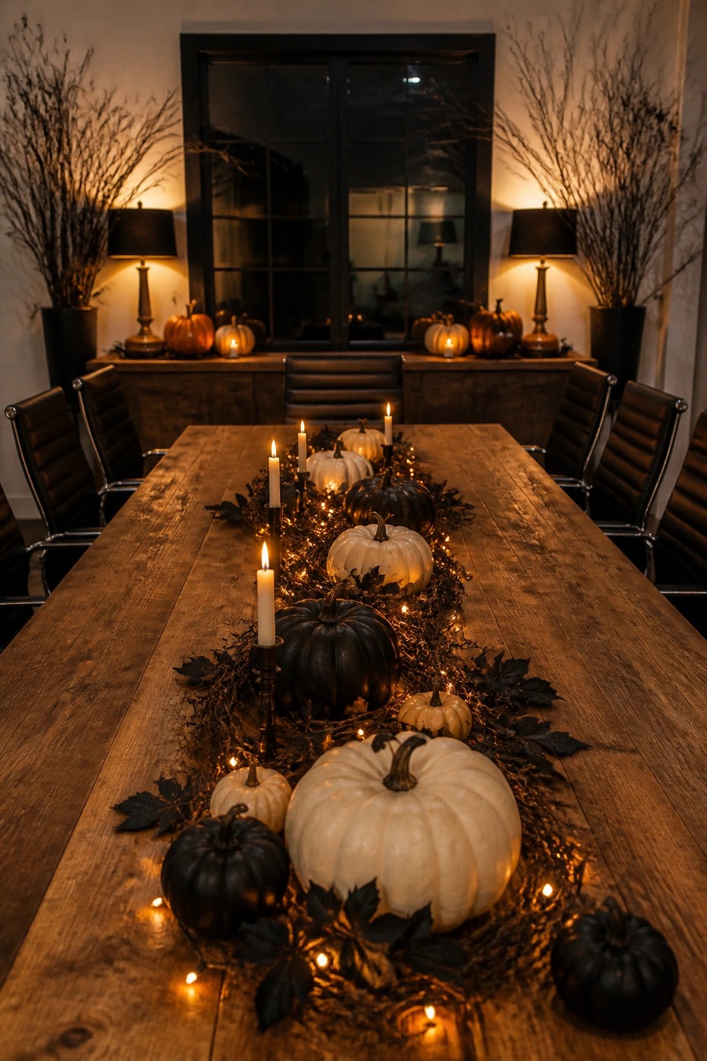 Long wooden conference table decorated with black and white pumpkins, lit candles, and string lights running down the center.