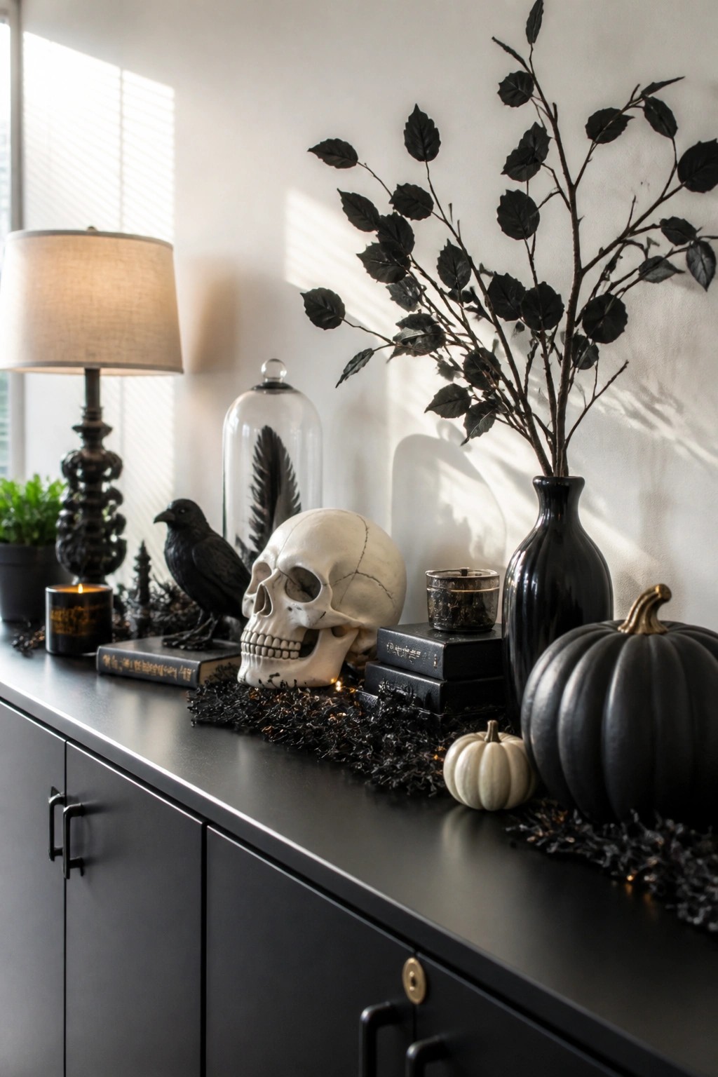 Office console with a white skull, black crow figurine, dark branches in a vase, and black pumpkin arranged on a black surface.