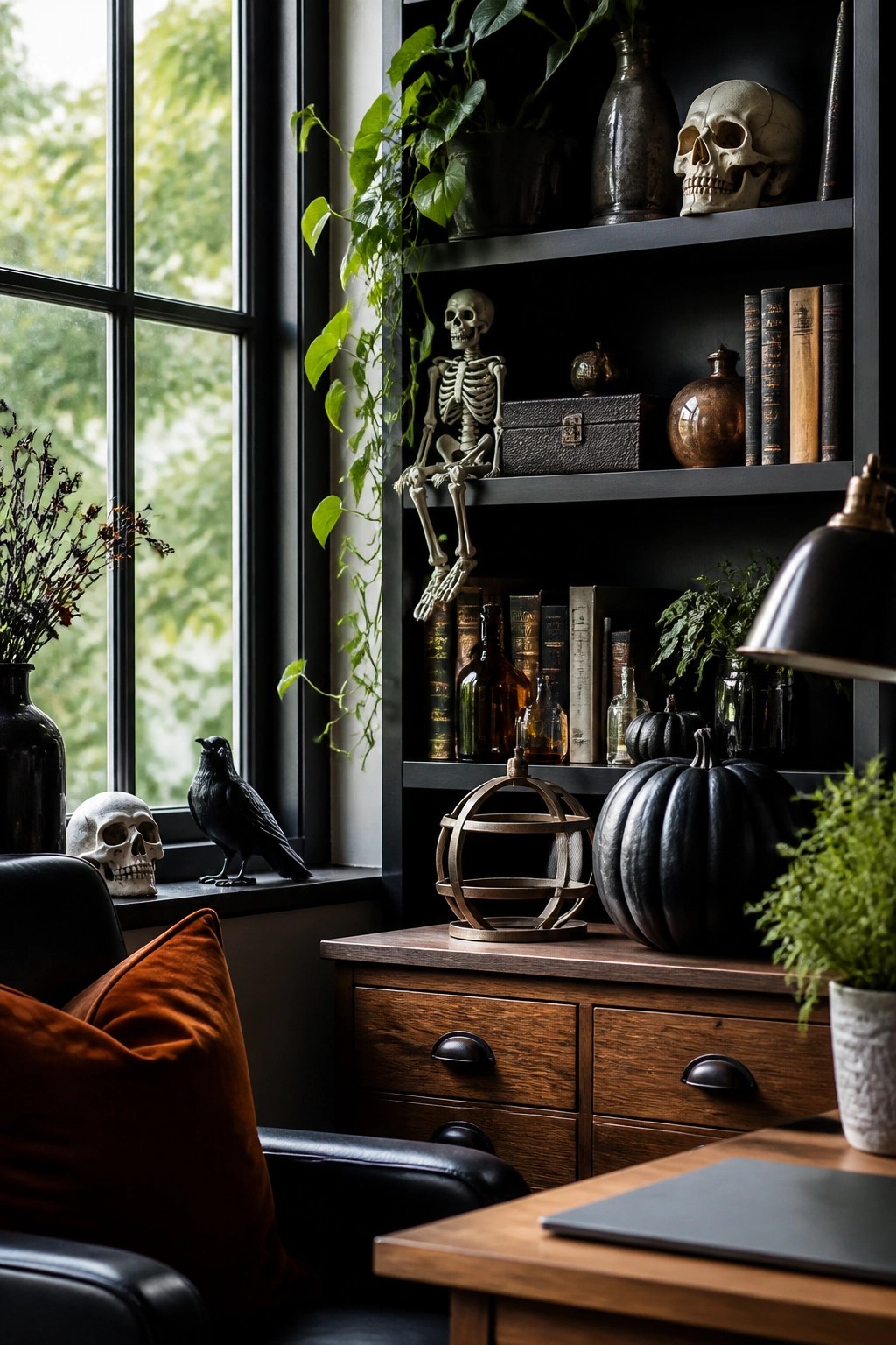 Office corner with built-in dark shelves holding a small skeleton figure, skulls on the windowsill, and black pumpkins on a wooden cabinet.