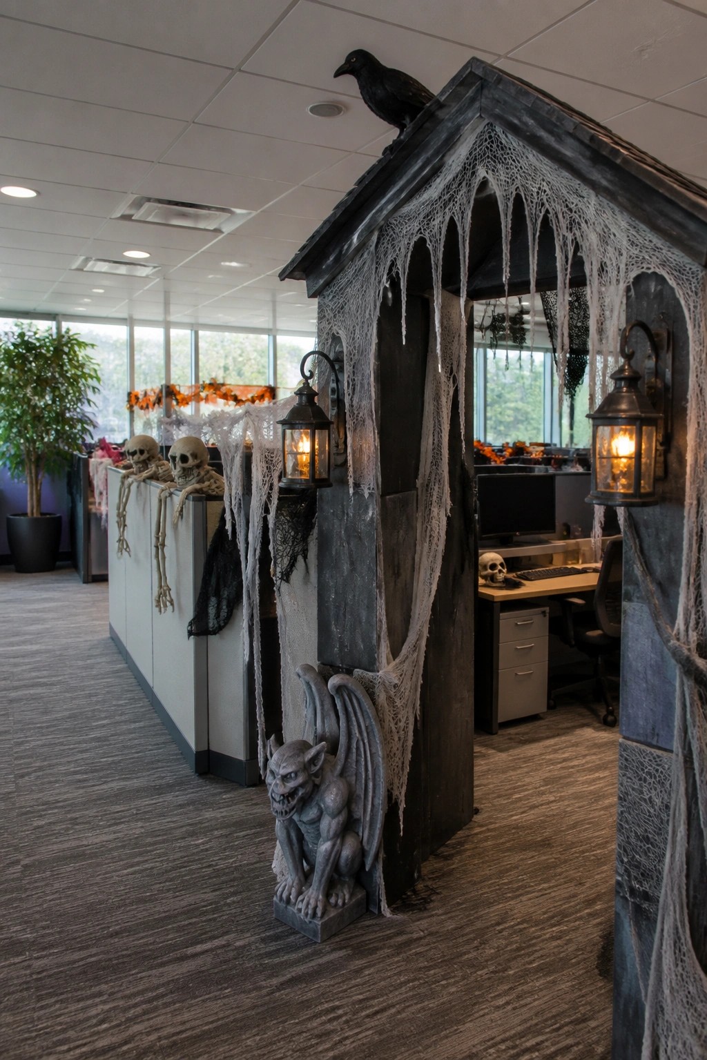 Office cubicle decorated as a haunted shack with spiderwebs, lanterns, a crow on the roof, and a gargoyle at the entrance.