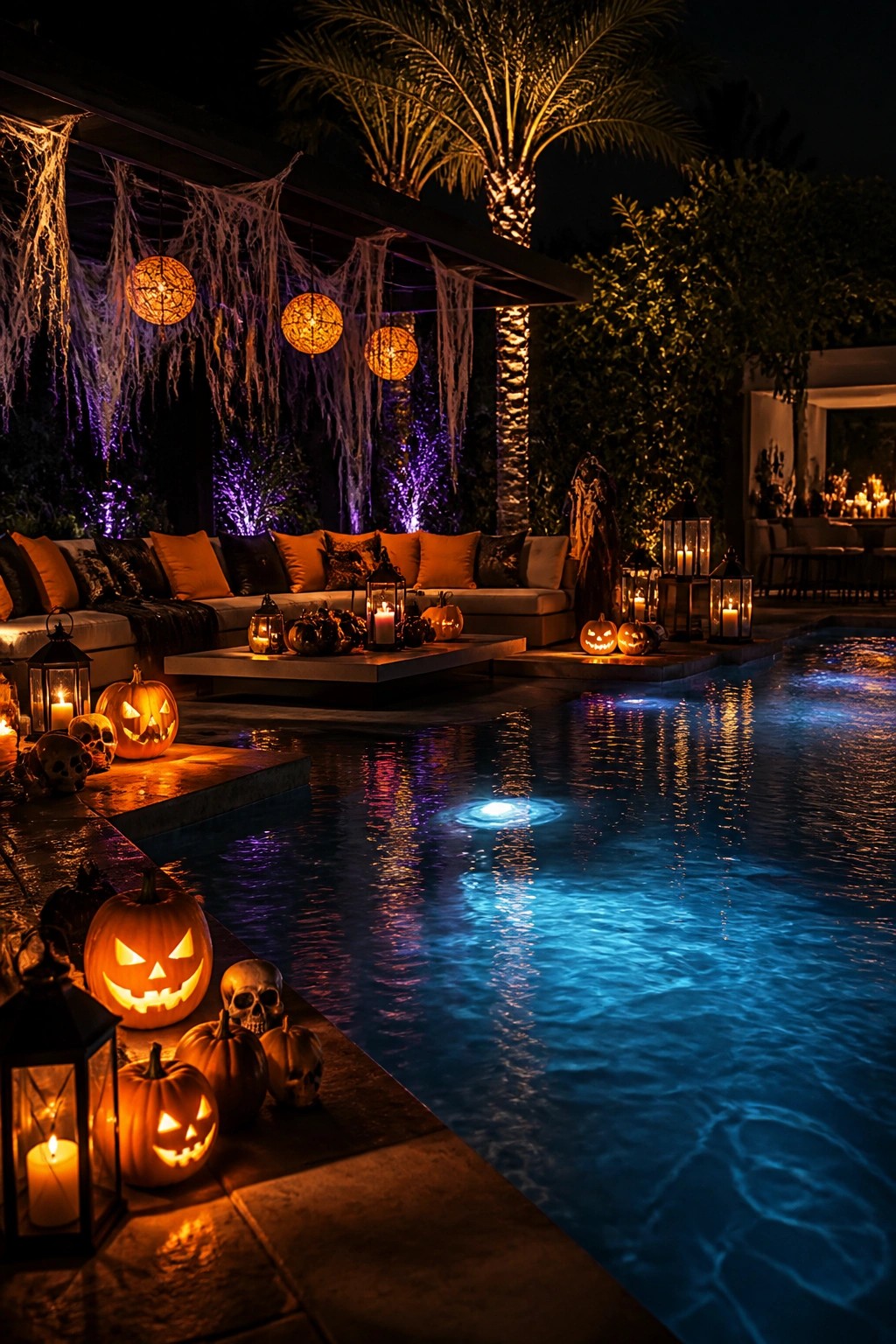 Nighttime pool deck lined with glowing jack-o'-lanterns, lanterns, and skulls along the stone edge.