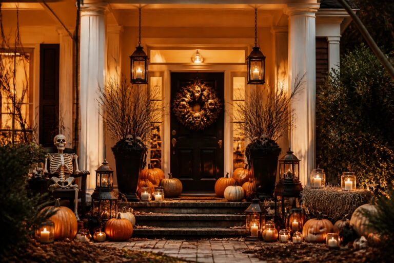 Front porch steps lined with glowing carved jack o lanterns and lanterns at night.