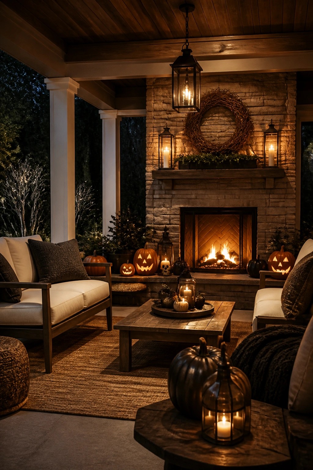 Covered outdoor porch with a stone fireplace surrounded by carved jack o lanterns, lit glass lanterns, and pumpkins at night.