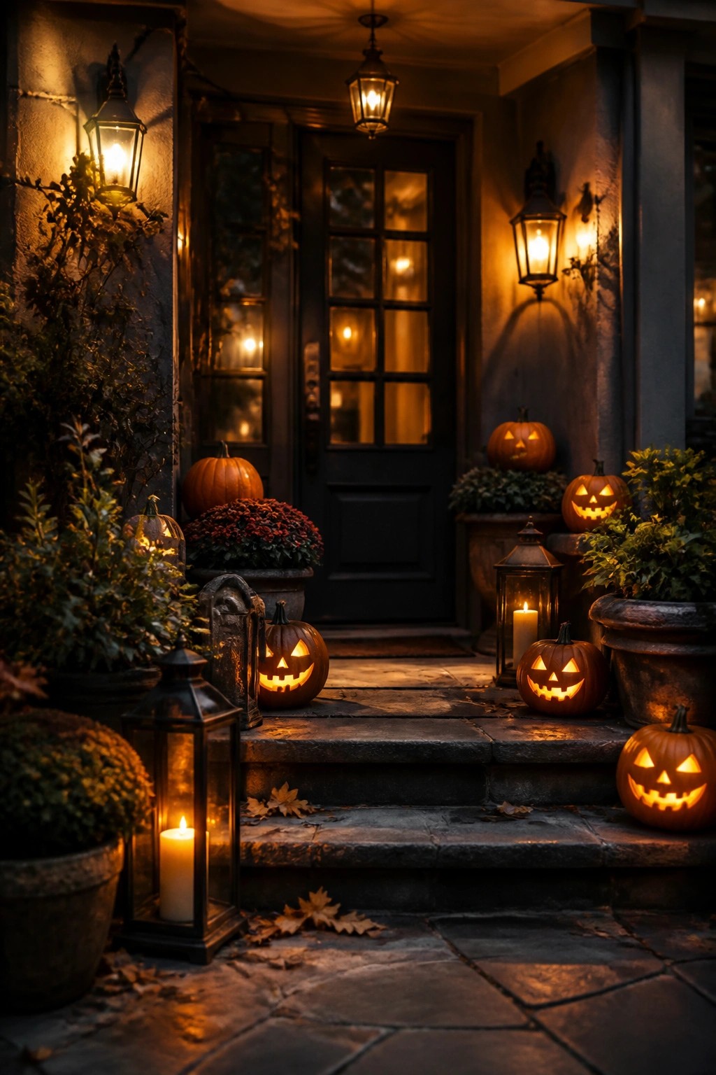 Front porch steps lined with glowing carved jack o lanterns and lanterns at night.