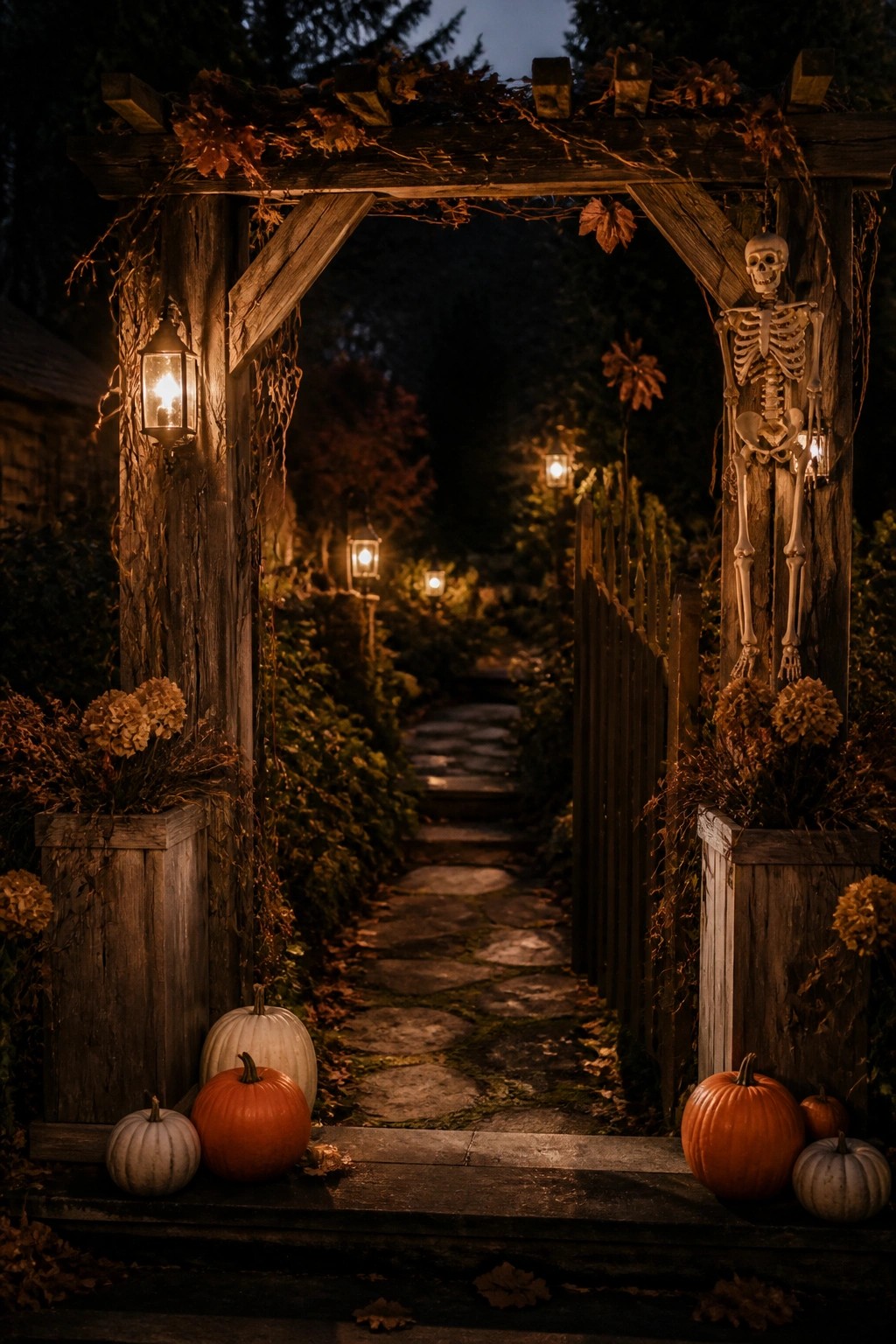 Wooden archway with skeleton, pumpkins, lanterns, and autumn vines over stone path