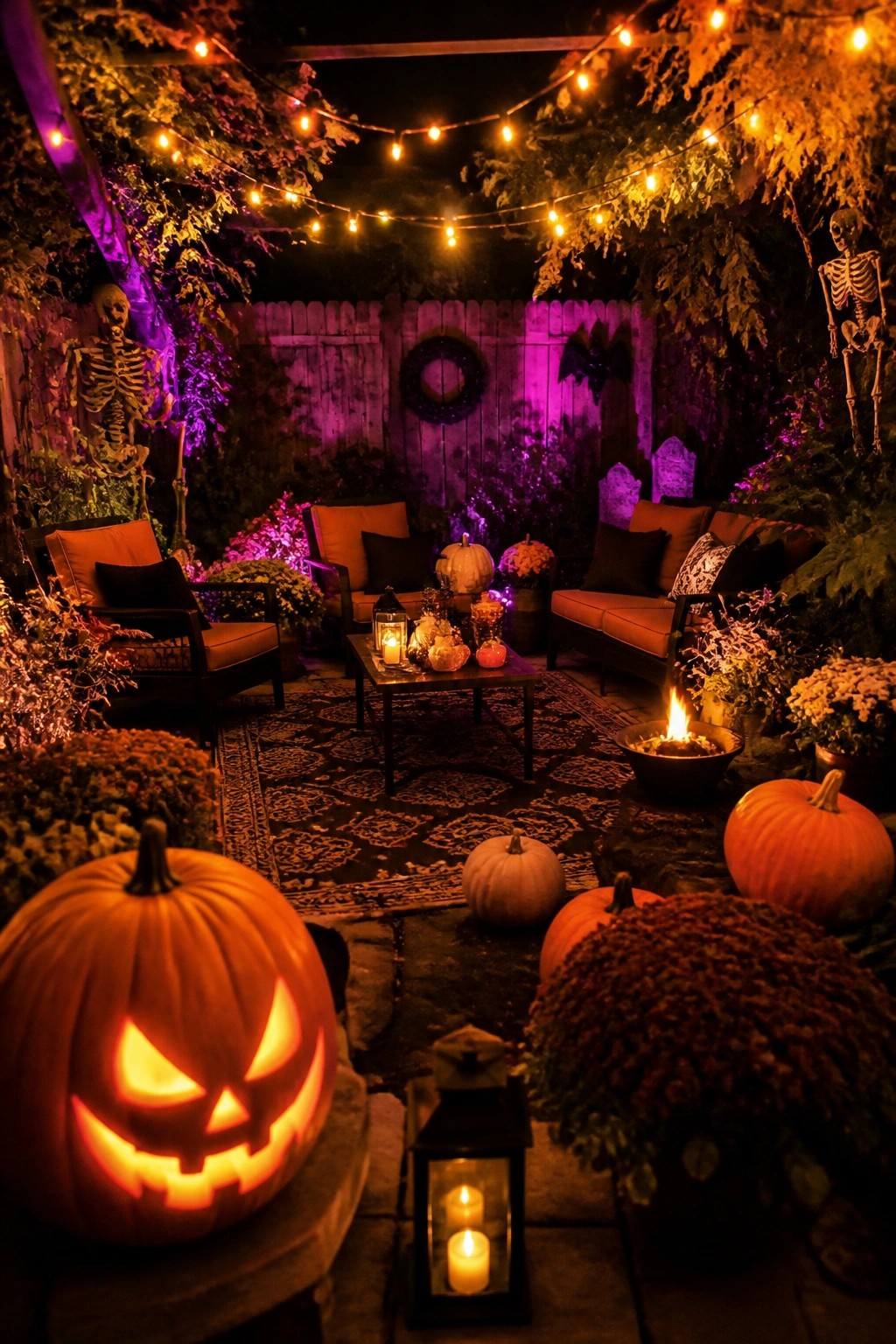 Outdoor patio at night with string lights overhead, two standing skeletons, carved jack o lanterns, and a small fire pit among the seating area.