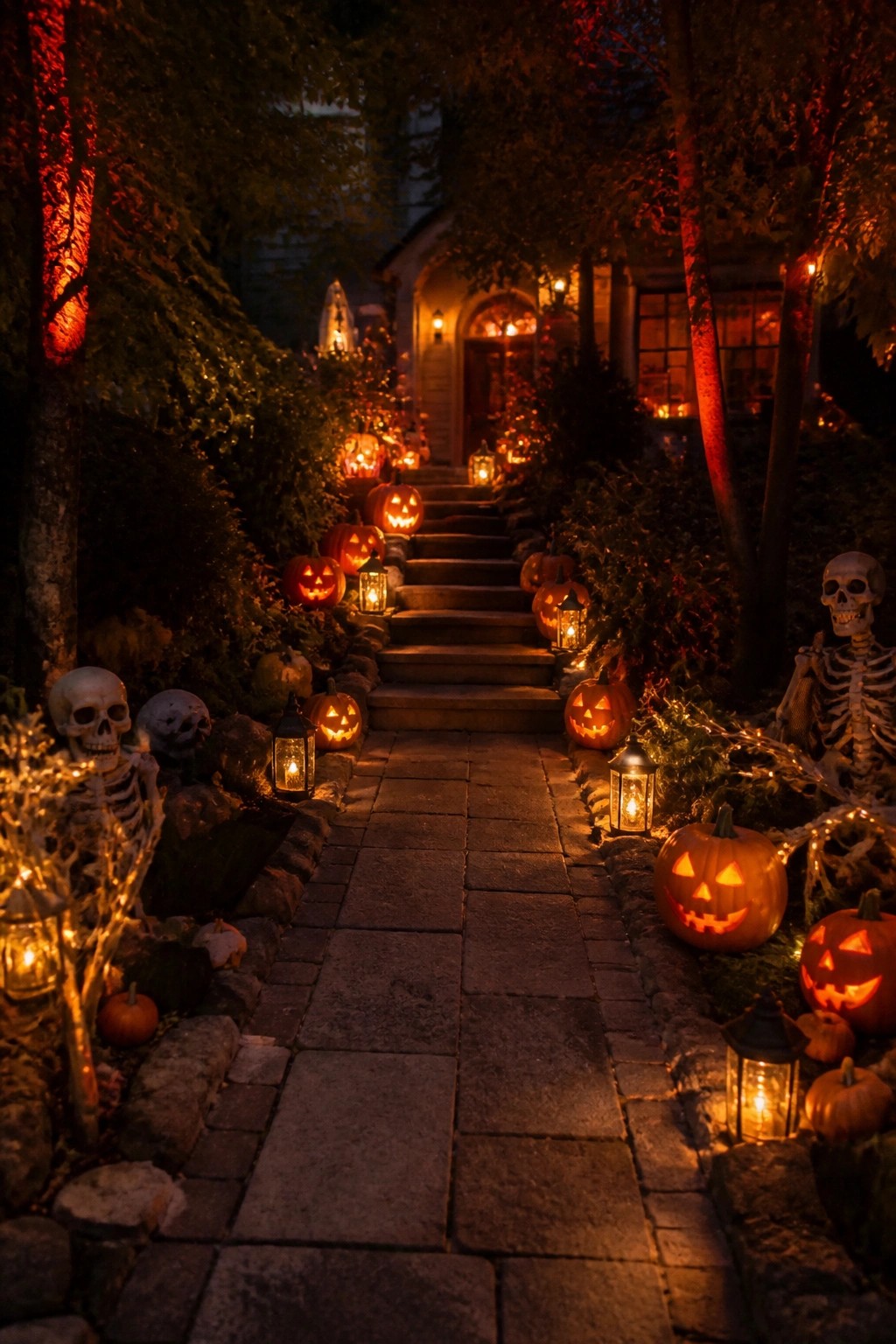 Stone walkway lined with carved jack o lanterns and lanterns at night with skeletons placed along the edges leading to a house.
