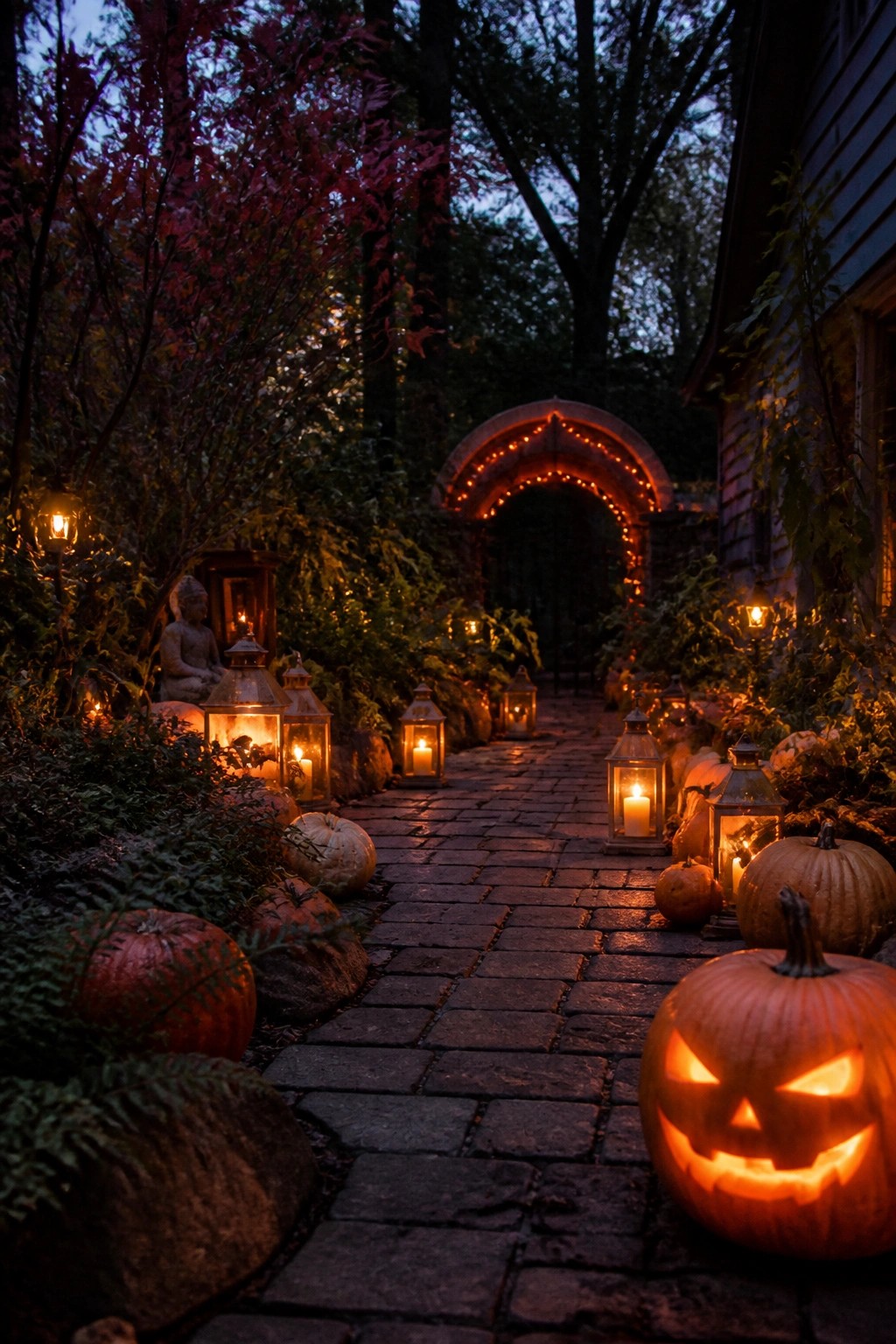 Lantern-lined cobblestone path with pumpkins leads to glowing stone arch at dusk