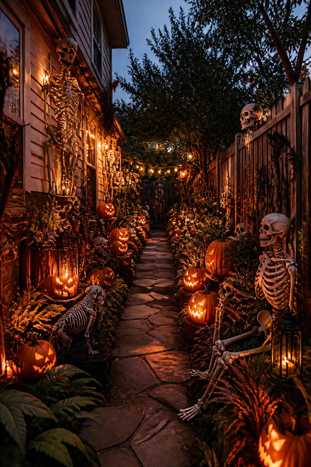 Narrow stone walkway at dusk lined with human and dog skeletons, carved jack o lanterns, and string lights between a house and wooden fence.
