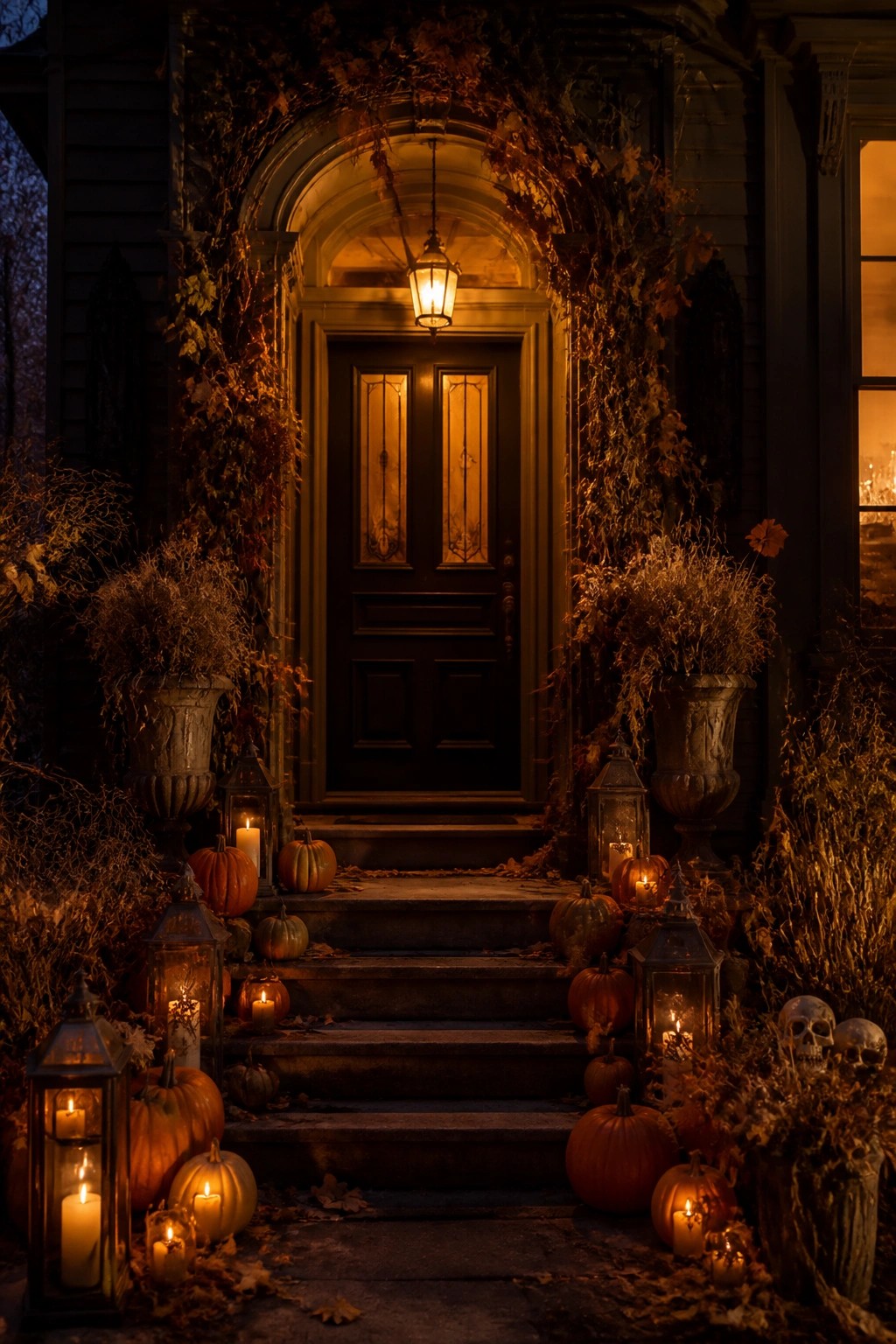 Halloween porch with pumpkins, glowing lanterns, skulls, and autumn leaves at night.