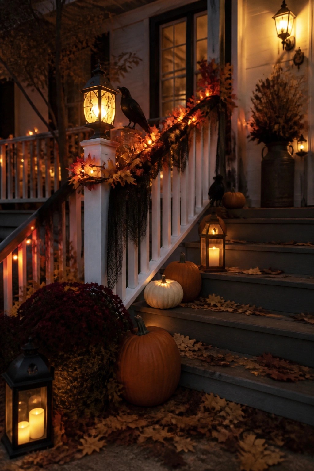 Front porch stairs lined with glowing pumpkins, lanterns, and black crows for Halloween.