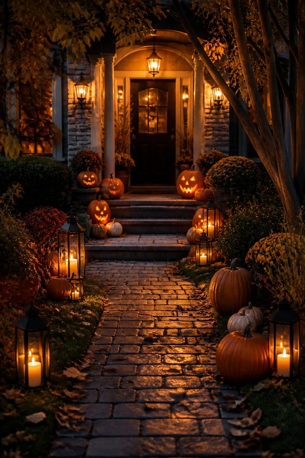 Brick walkway lined with carved jack o lanterns and black lanterns leading to a front porch with more pumpkins on the steps.