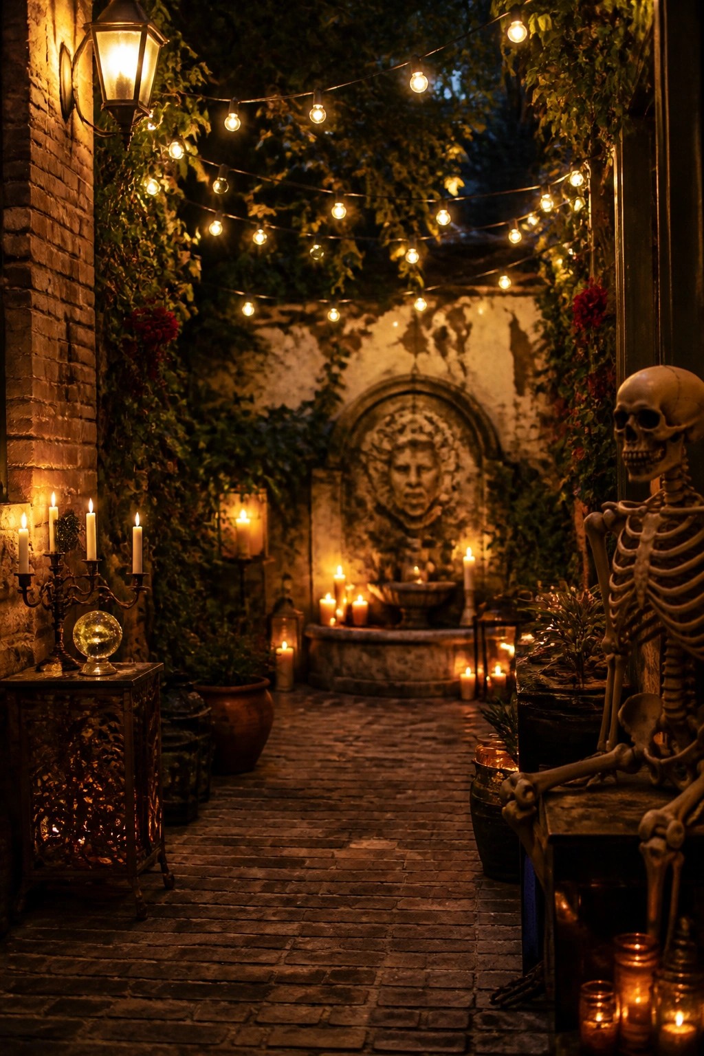 Outdoor brick walkway at night with a decorative skeleton seated among lanterns and candles, string lights overhead, and a stone fountain in the background.