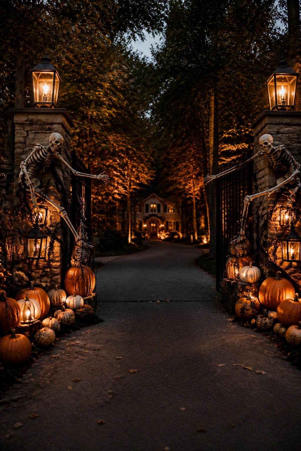 Stone gate pillars decorated with posed skeletons, glowing lanterns, and groups of lit pumpkins along a dark driveway entrance.