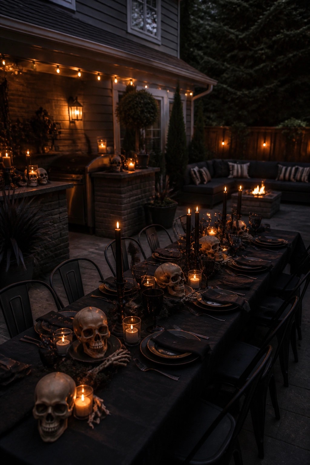 Outdoor patio dining table at night set with multiple human skulls, black candles, and dark plates for a Halloween dinner.