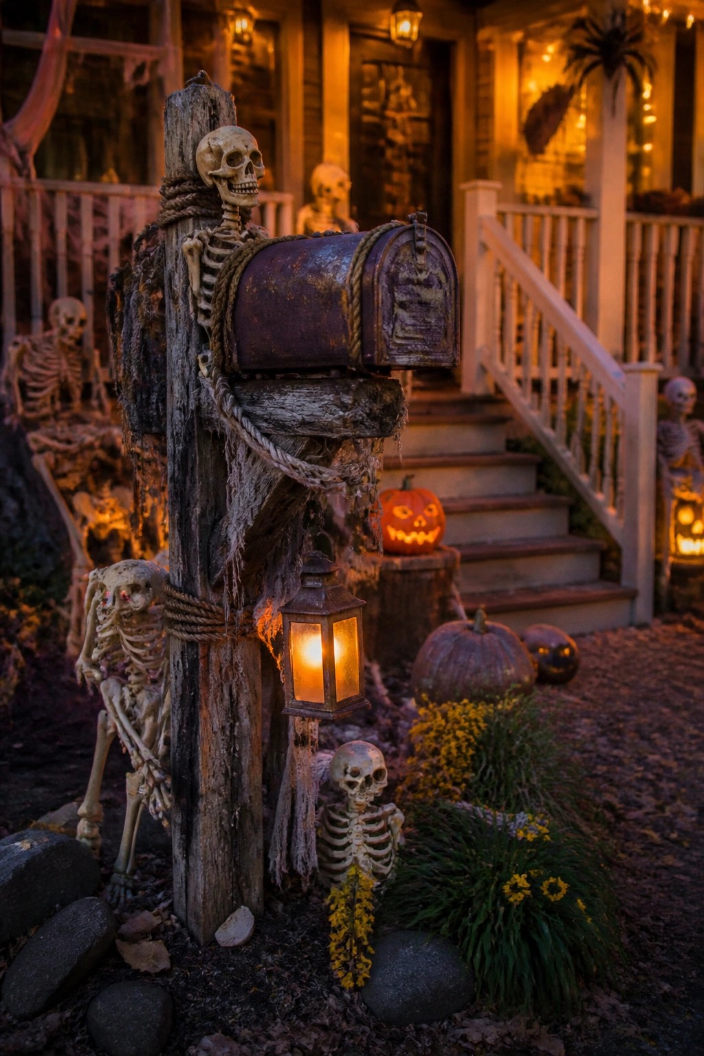 Front yard Halloween display with multiple skeletons tied to a wooden mailbox post, a glowing lantern hanging below, and pumpkins on the ground nearby.
