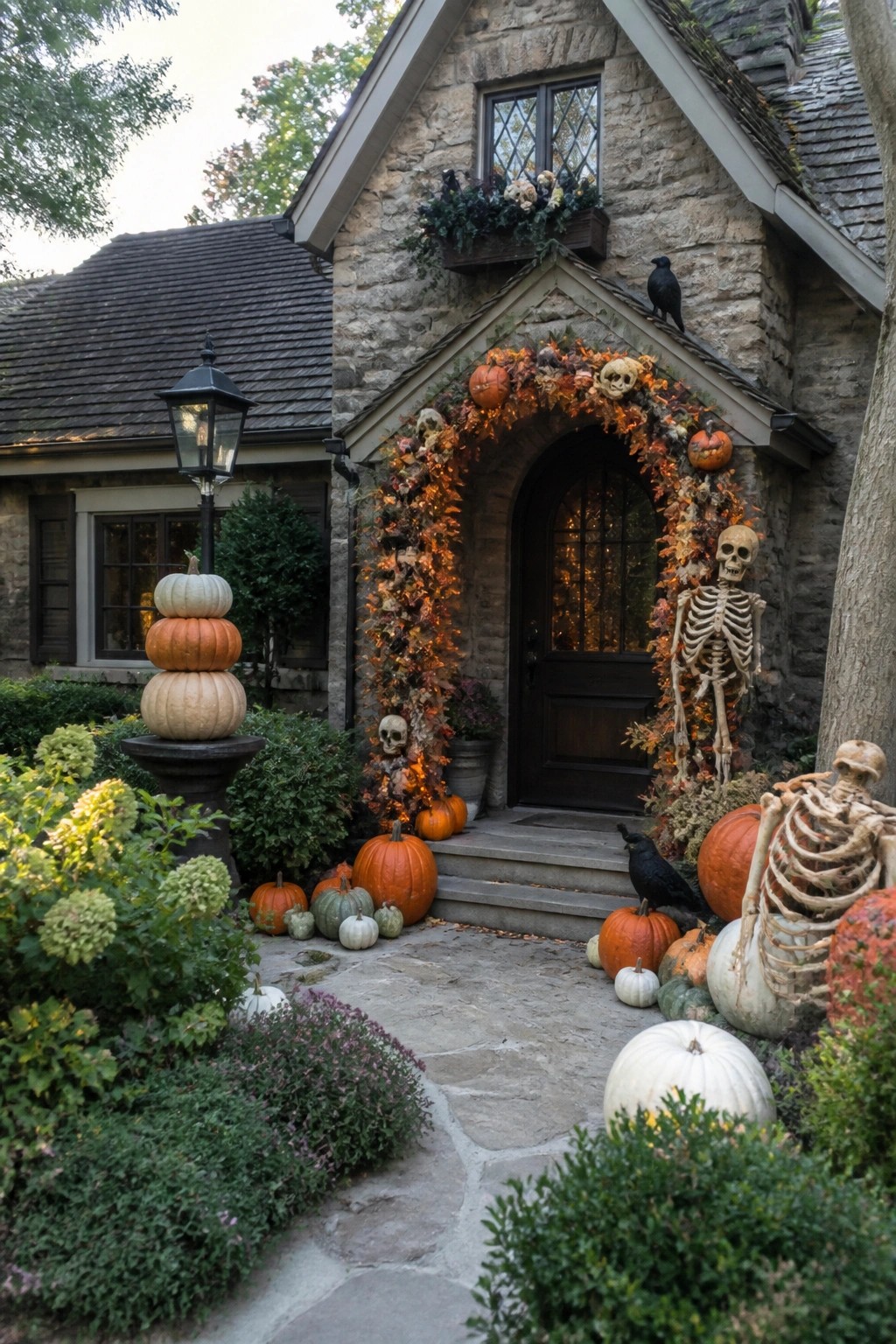 Stone house front door framed by a leaf and pumpkin garland, two skeletons, and scattered pumpkins along the walkway with a lit lantern nearby.