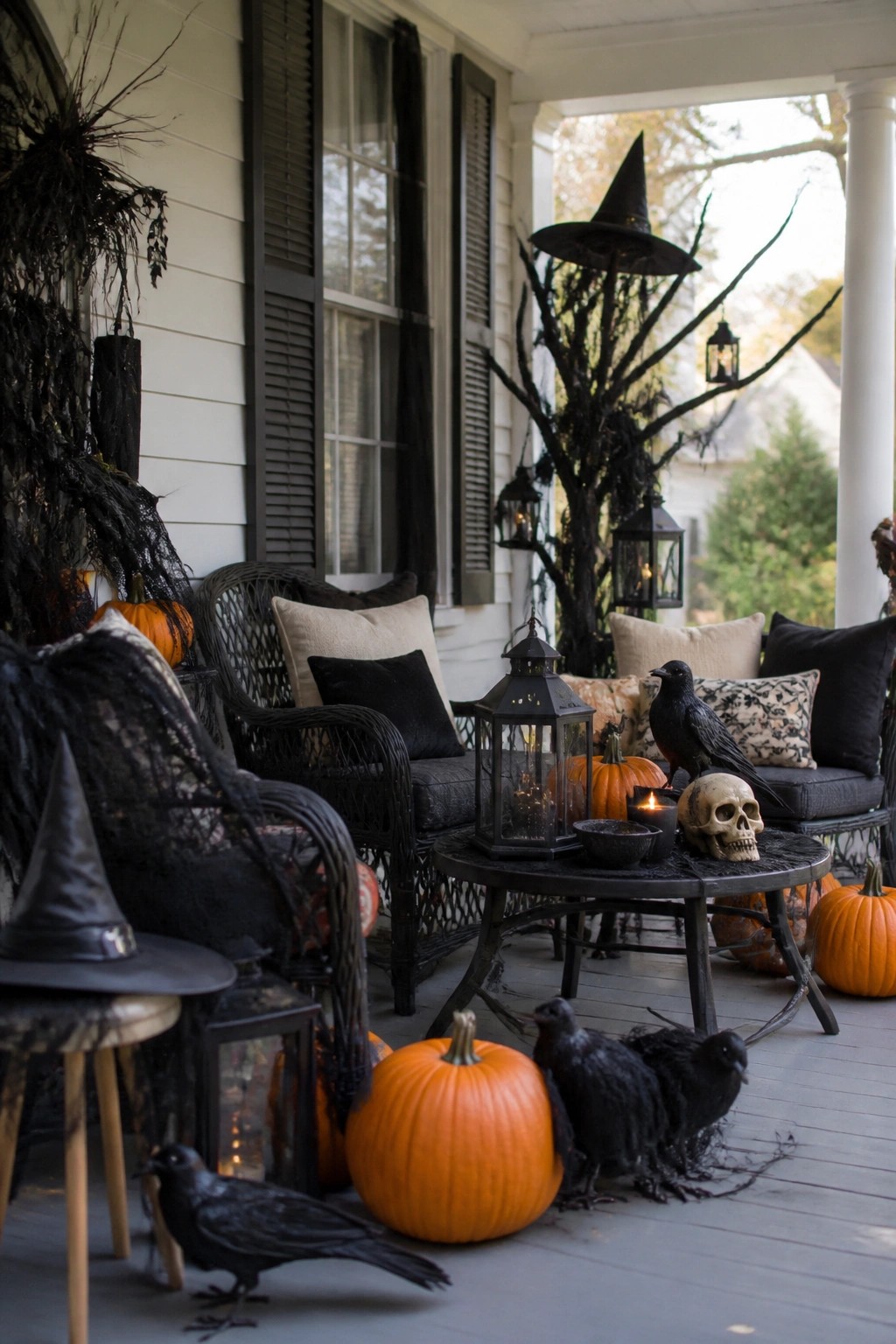 Front porch decorated for Halloween with black crows, a skull on a table, witch hats, pumpkins, and black lanterns arranged around wicker seating.