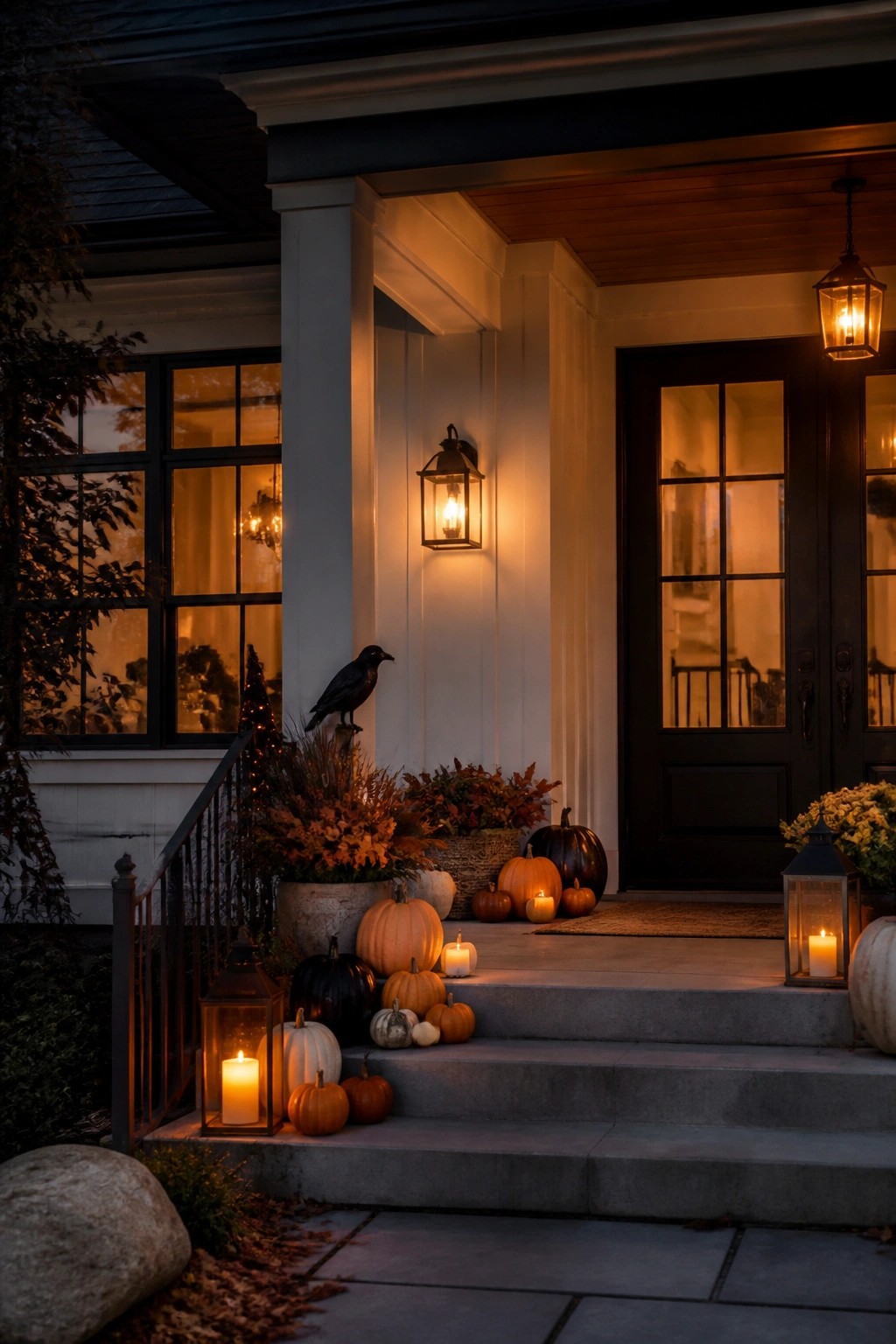 Porch steps with pumpkins, glowing lanterns, candles, and a black crow at night