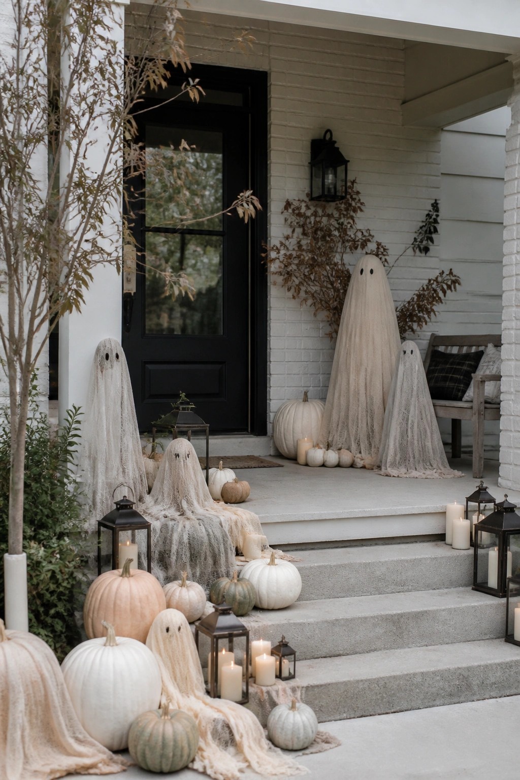 Front porch decorated with several white fabric ghosts of varying sizes placed near a black door and along concrete steps, with pumpkins and lanterns nearby.