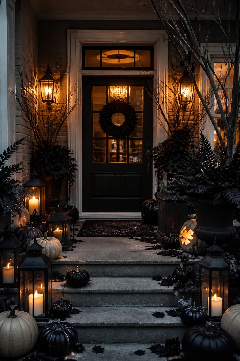 Front porch with black and white pumpkins, black lanterns holding lit candles, and a dark wreath on the door.