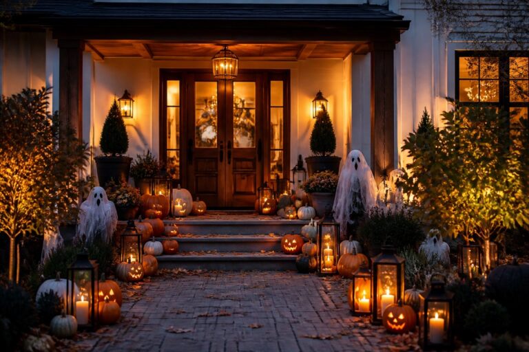 23 Inviting Halloween Front Porch Decor Ideas to Greet Guests in Style Porch steps with pumpkins, glowing lanterns, candles, and a black crow at night