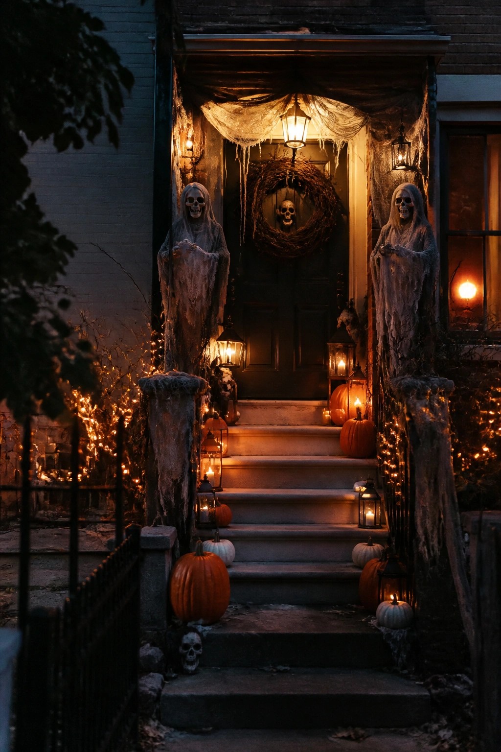 Front porch at night with two large ghost figures standing on either side of a dark door that has a skull wreath, plus lit lanterns and pumpkins along the steps.