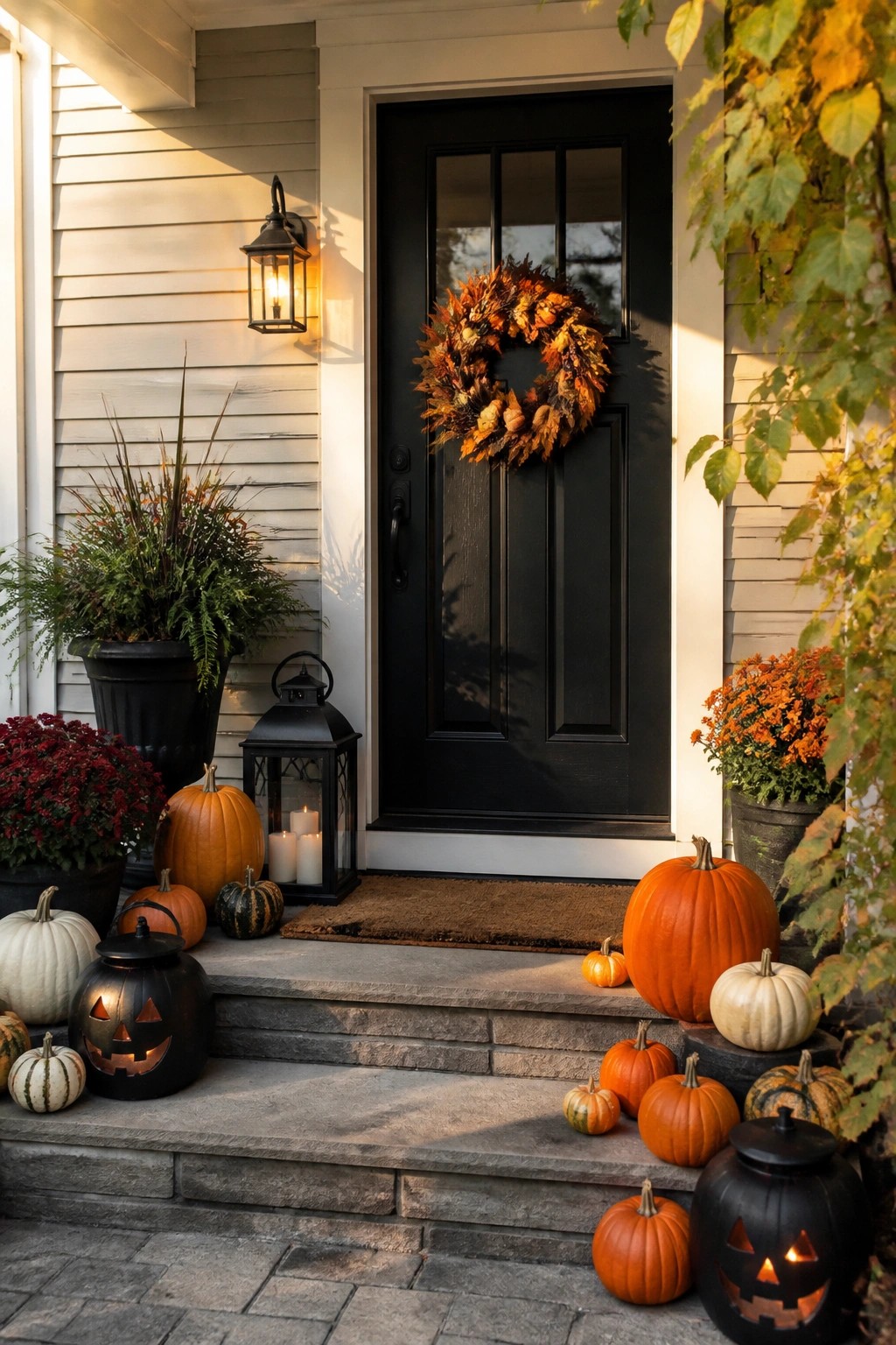 Front porch with black door, autumn wreath, and multiple pumpkins including lit jack o lanterns arranged on the stone steps with lanterns and potted plants.