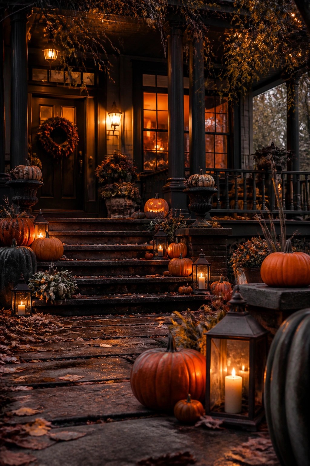 Jack-o'-lanterns and glowing lanterns decorate leaf-covered steps on a dark porch.