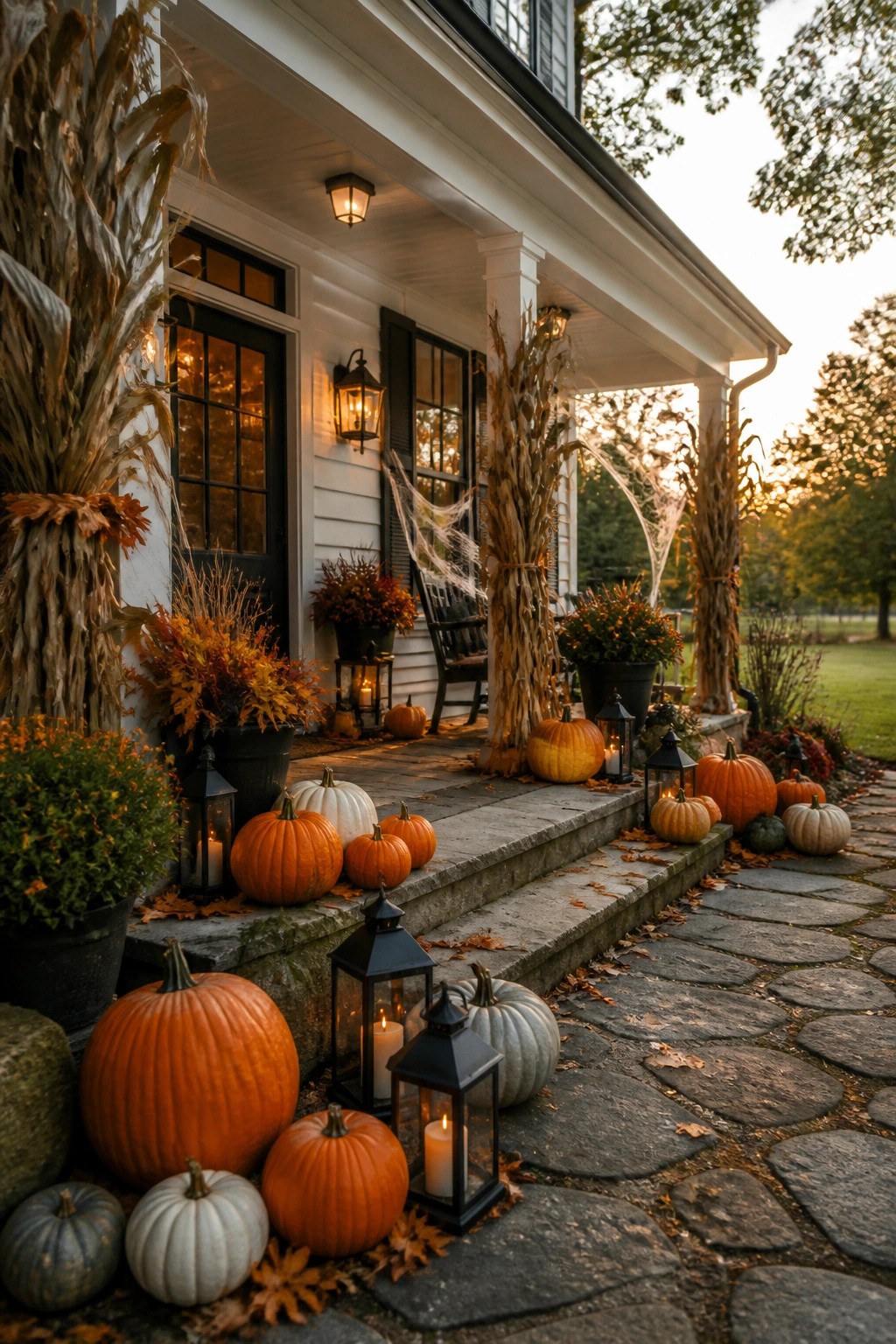 Front porch steps lined with orange and white pumpkins and black lanterns, with spiderwebs on corn stalks beside the door.