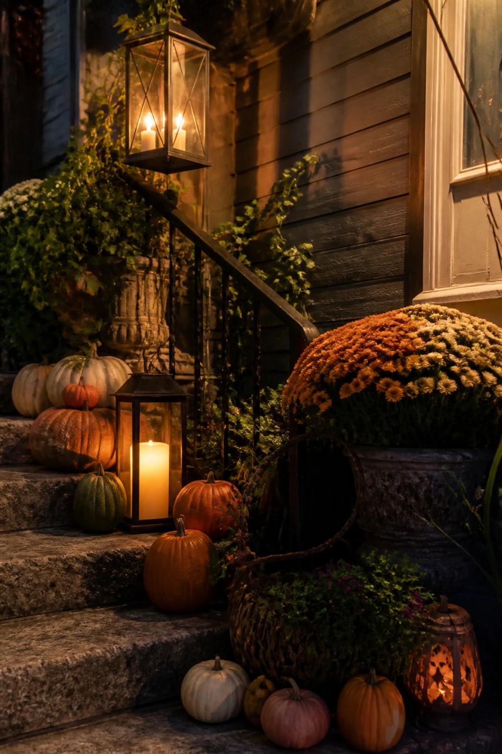 Stone steps adorned with pumpkins, glowing lanterns, and vibrant chrysanthemums at dusk.