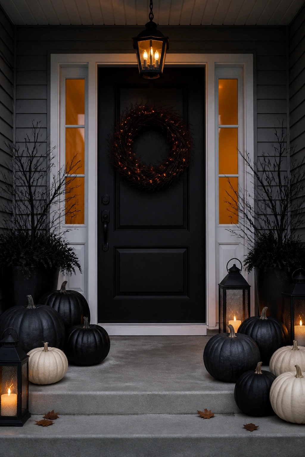 Front porch with a black door featuring a lighted twig wreath, black and white pumpkins, and lanterns arranged on the concrete steps.