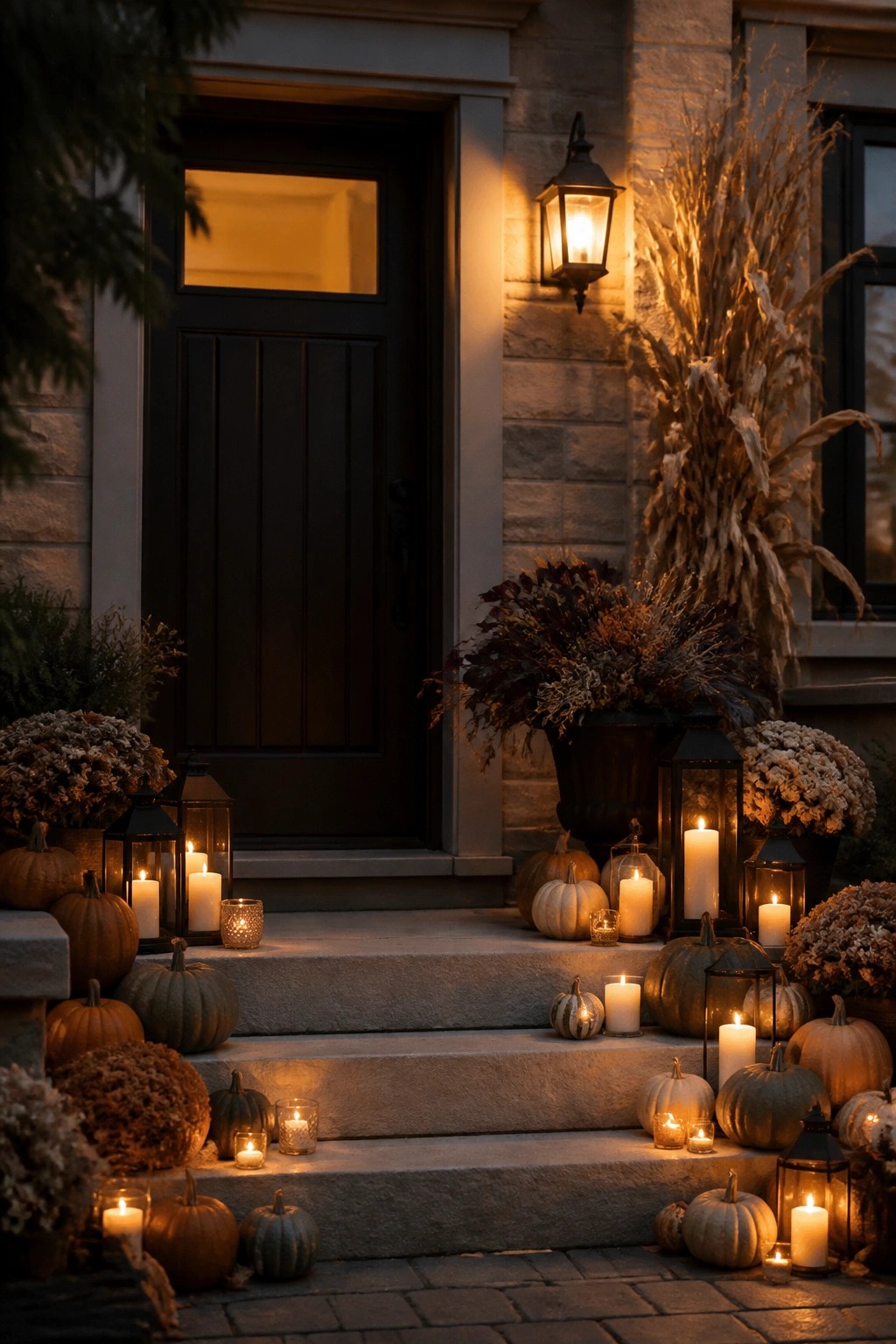 Stone steps lined with glowing pumpkins, candles, lanterns, and autumn foliage at night