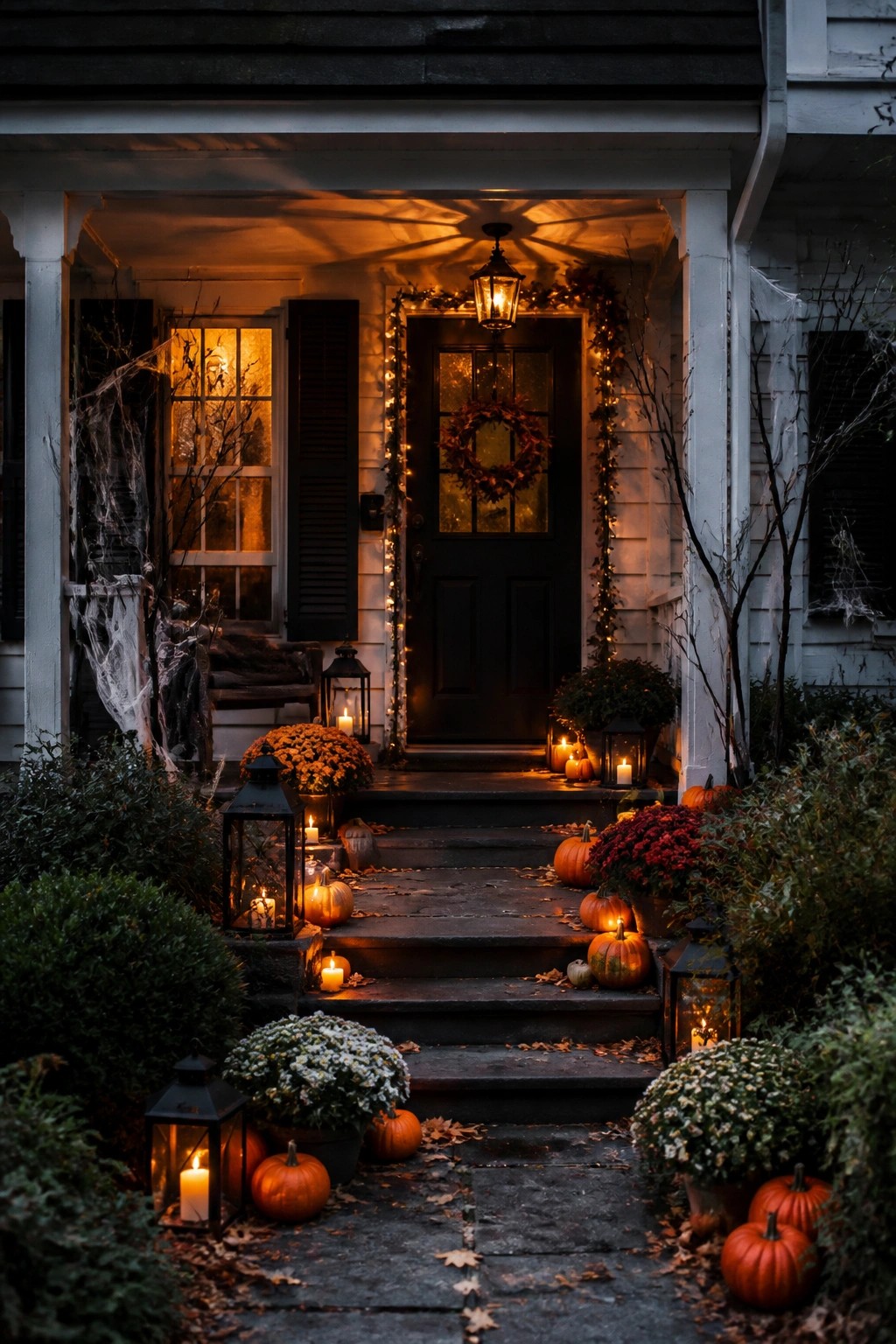 Front porch at night decorated with black lanterns holding lit candles, orange pumpkins on the steps, string lights around the door, and a fall wreath.