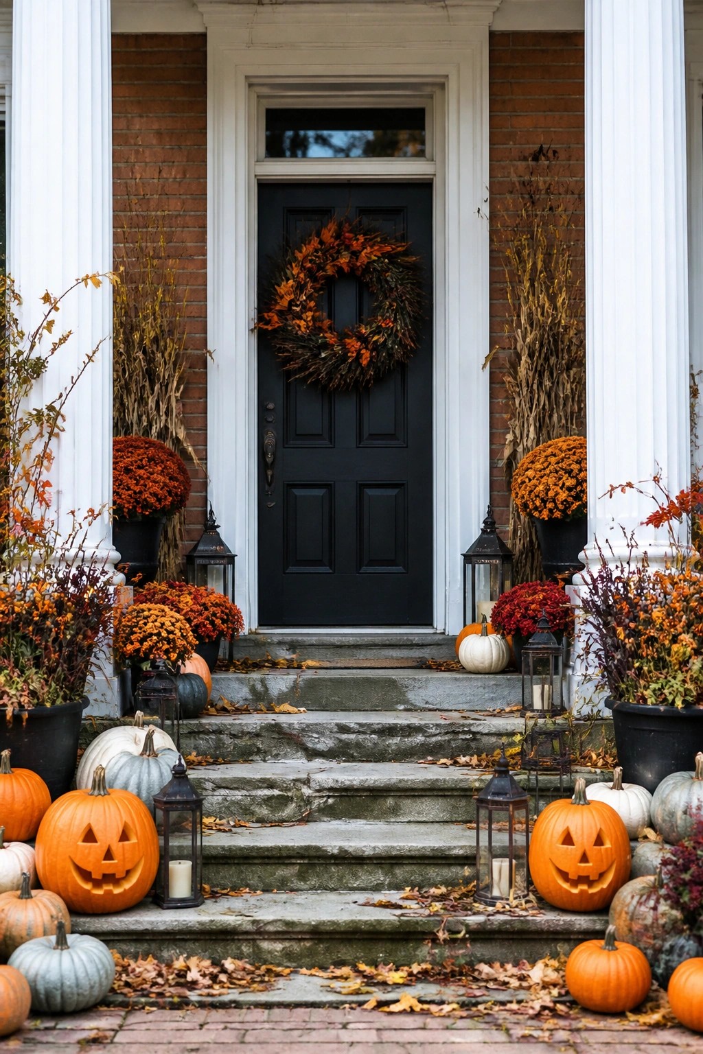 Front porch steps lined with carved jack o lanterns and lanterns beside a black door with an autumn wreath.