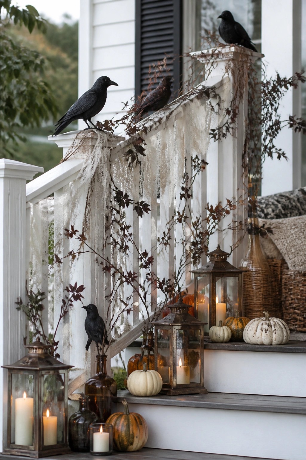 Front porch with black crows perched on the white railing and steps, accented by lanterns and pumpkins.