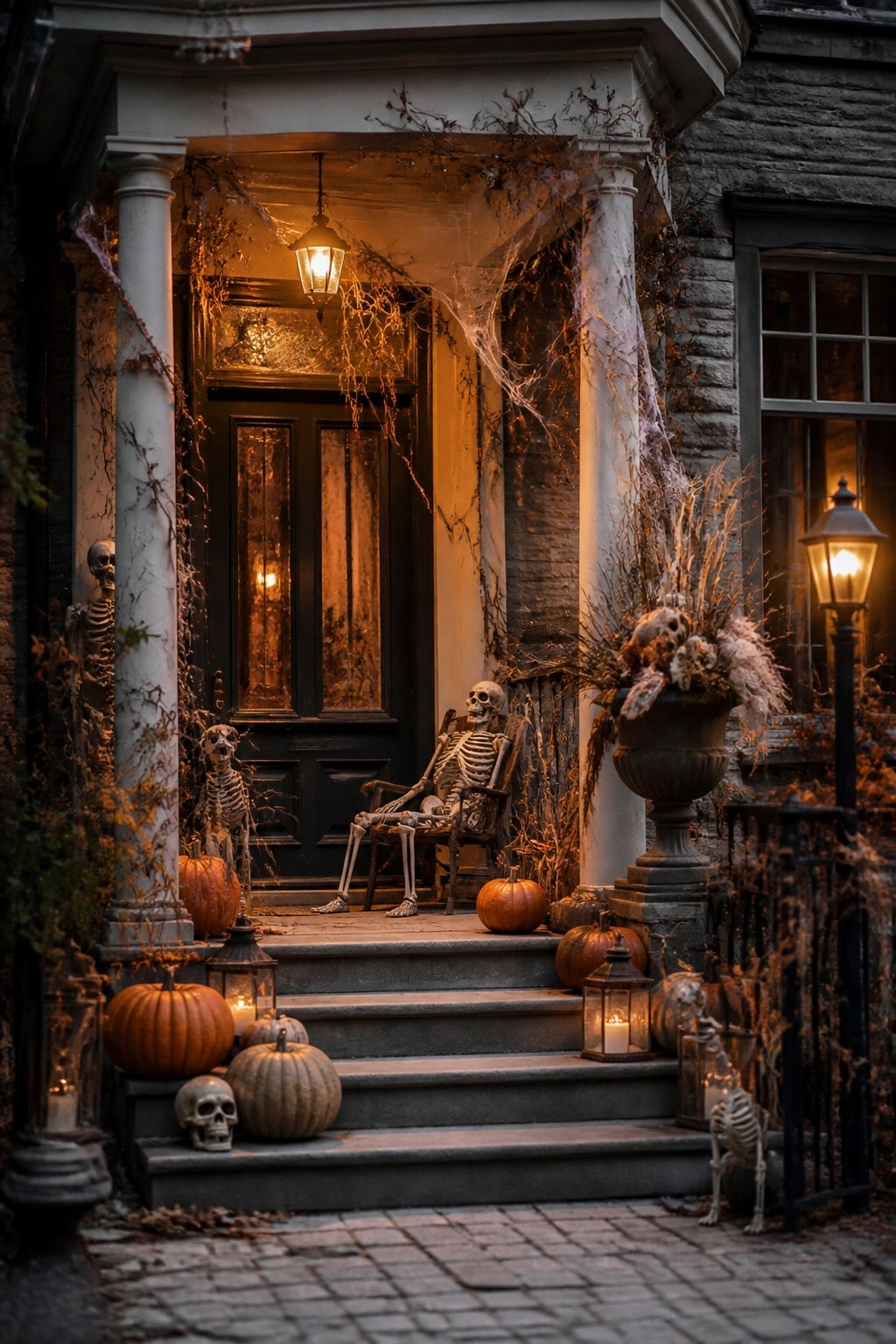 Front porch with skeletons posed on the steps, including one seated in a rocking chair, along with pumpkins, lanterns, and spiderwebs around the entrance.