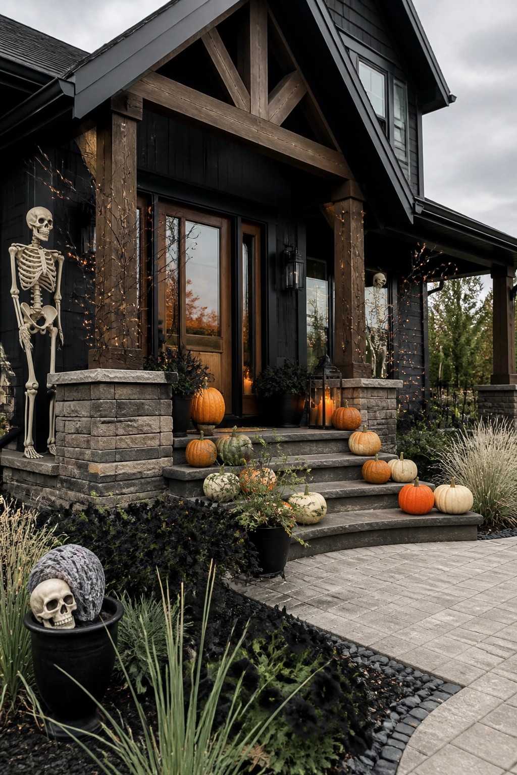 Front porch with multiple decorative skeletons placed near the entrance, pumpkins on the steps, and string lights on the railings.