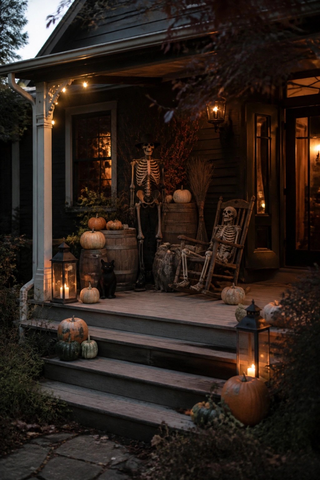 Halloween porch with two skeletons, pumpkins, barrels, lanterns, and a black cat.
