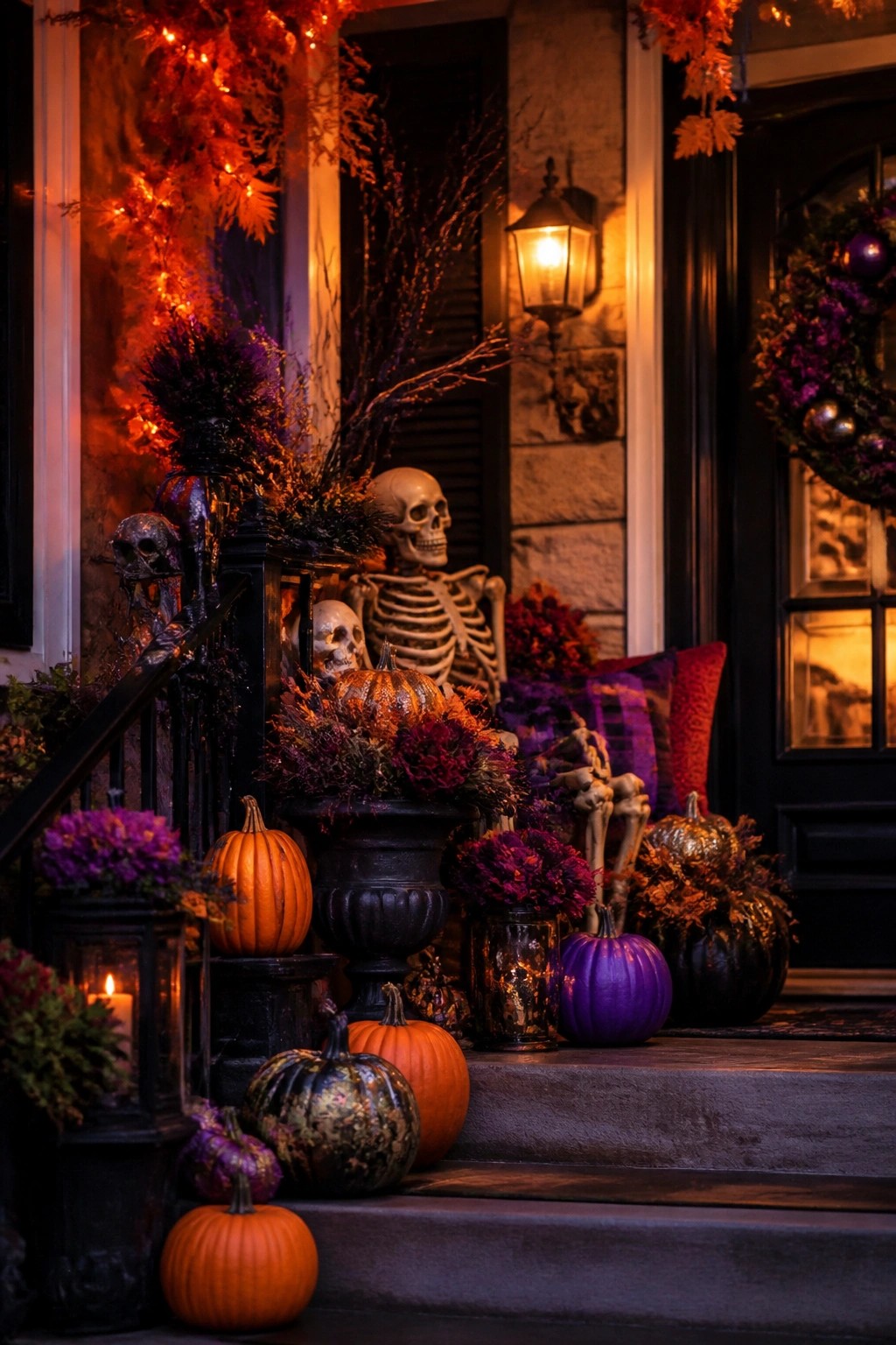 Halloween porch with skeletons, orange purple pumpkins, purple flowers, and glowing lanterns.