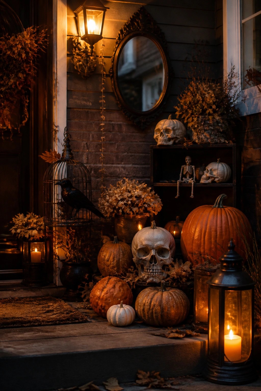 Front porch steps decorated with multiple skulls, small skeletons, pumpkins, lanterns, and a crow in a cage.