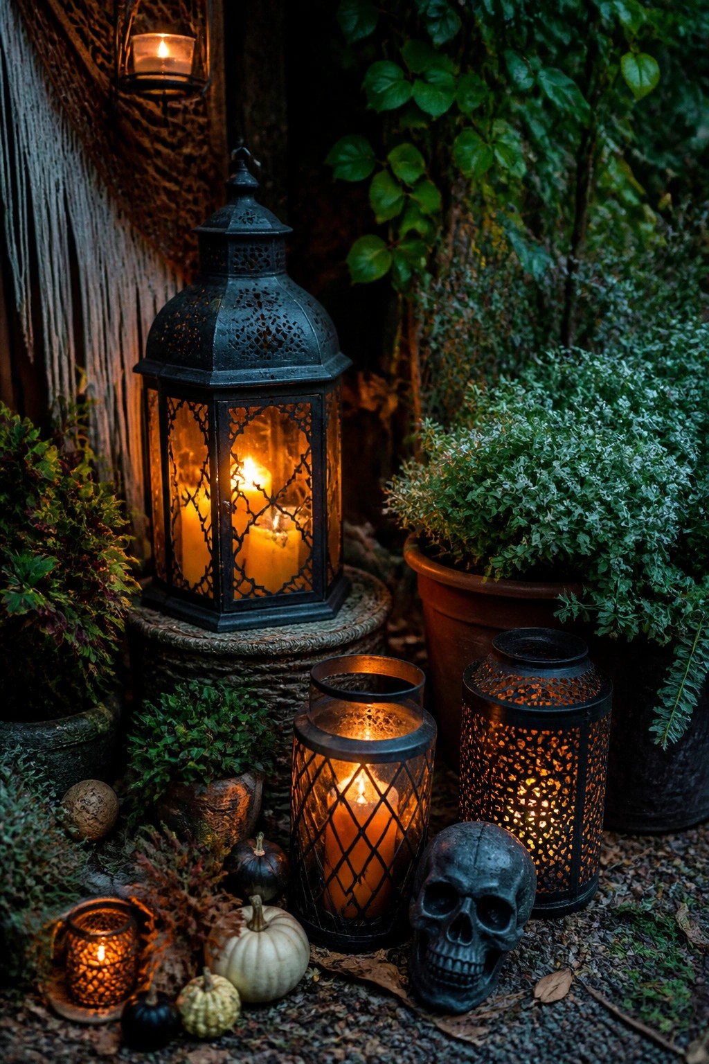 Outdoor cluster of black metal lanterns with lit candles next to a skull, small pumpkins, and potted greenery on gravel.