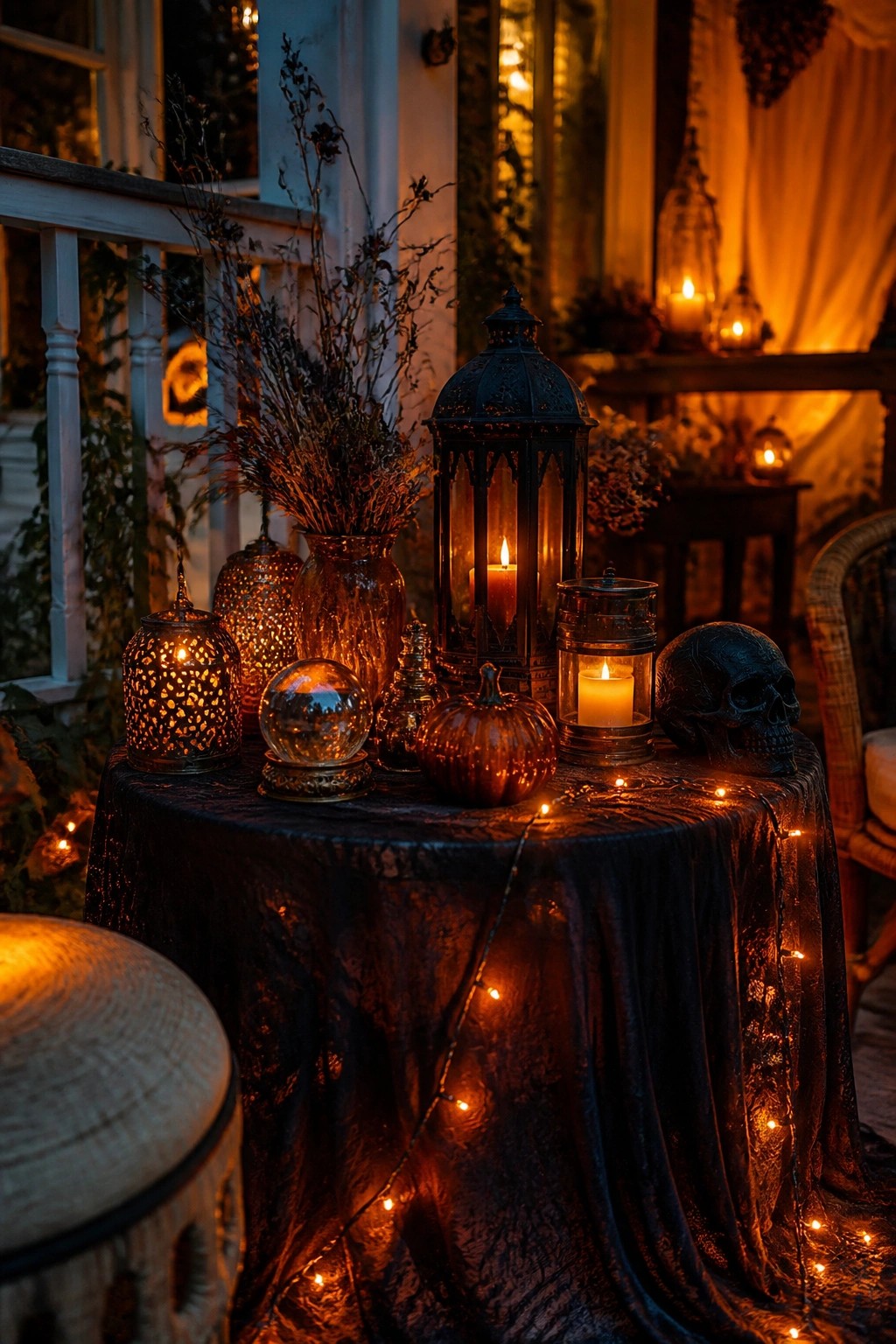 Outdoor porch table covered in black cloth with multiple glowing lanterns, a black skull, a small pumpkin, and string lights arranged together.