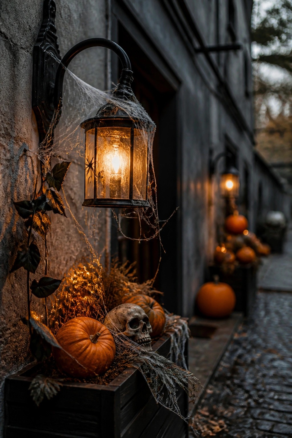Outdoor wall lantern covered in spiderwebs with a skull and pumpkins arranged below in a wooden box.