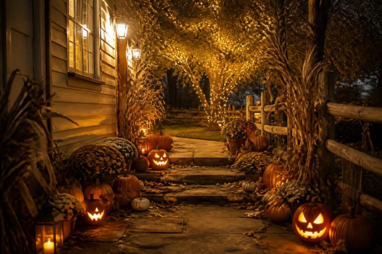 Stone walkway lined with black lanterns and pumpkins at night, leading toward a house porch.