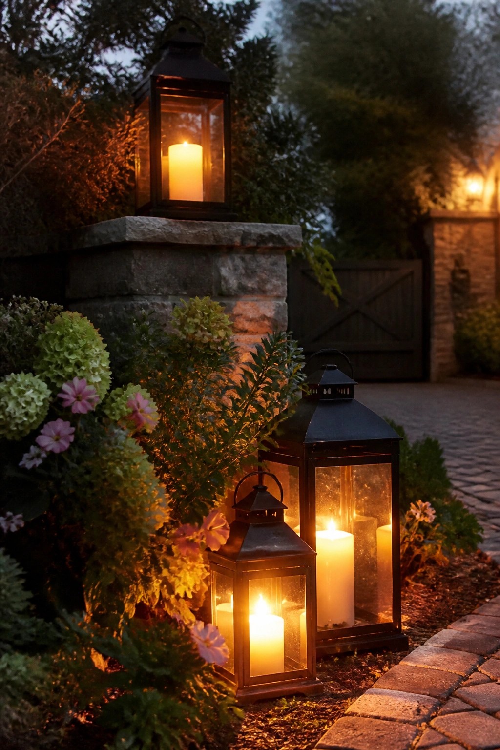 Glowing black lanterns with candles amid flowers on a stone pillar at dusk