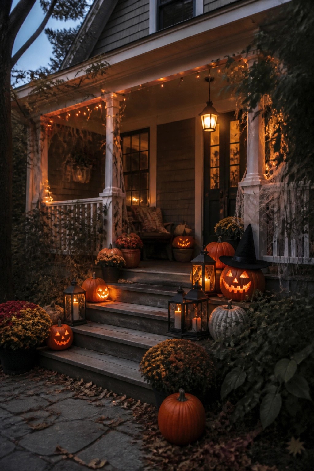 Twilight Halloween porch with glowing jack-o'-lanterns, lanterns, string lights, and autumn mums.