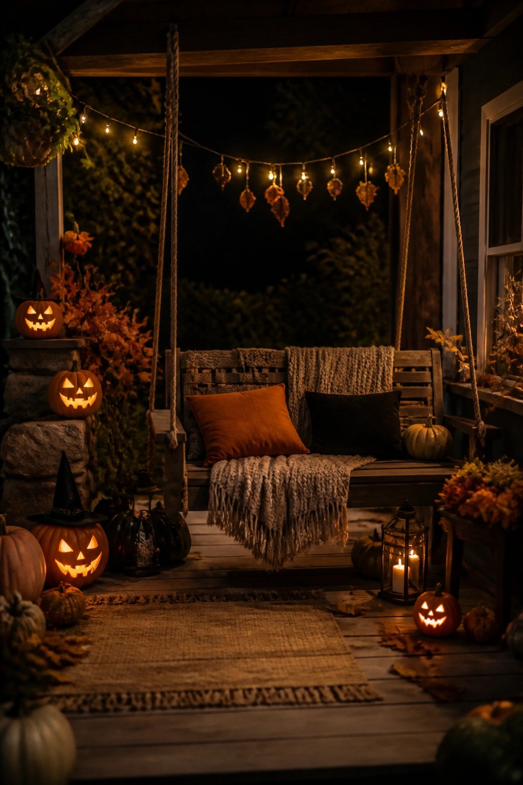 Wooden porch swing at night with orange and black pillows, a knitted throw, several lit jack o' lanterns, and one candle lantern placed on the deck.
