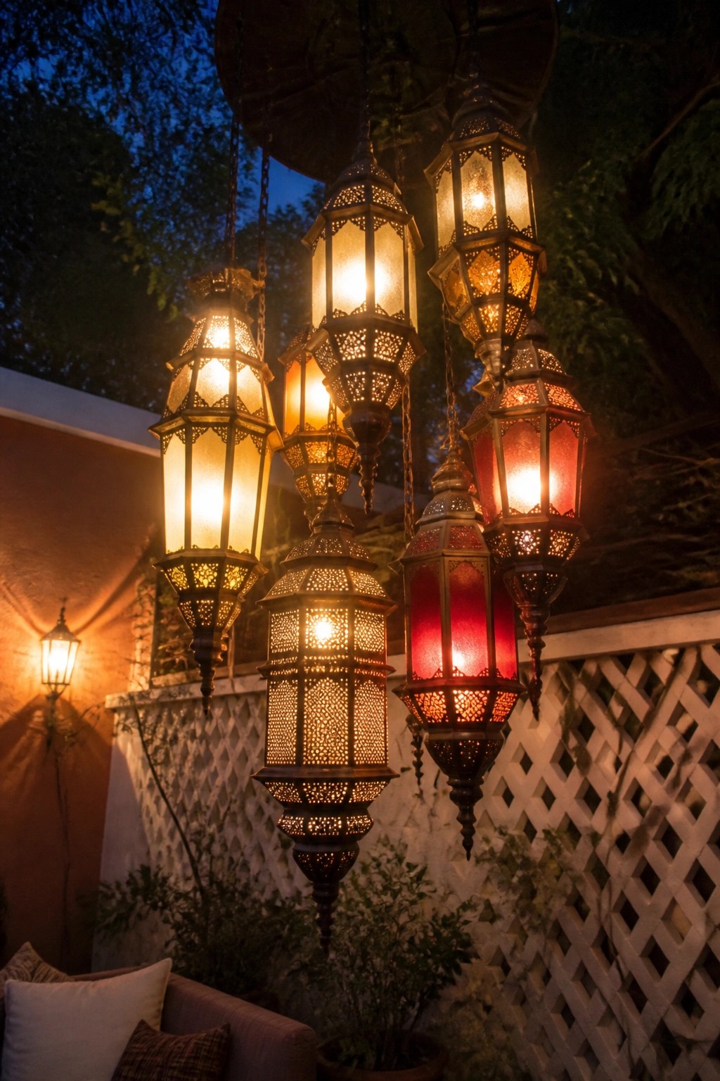 Several ornate hanging lanterns in warm orange and red tones suspended outdoors on a patio at dusk.