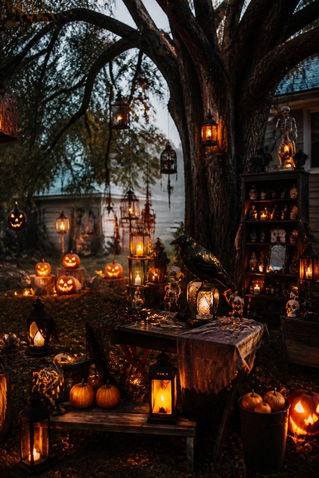 Outdoor yard scene with many glowing lanterns hanging from a large tree, placed on a wooden table and bench, surrounded by pumpkins and a crow figure.